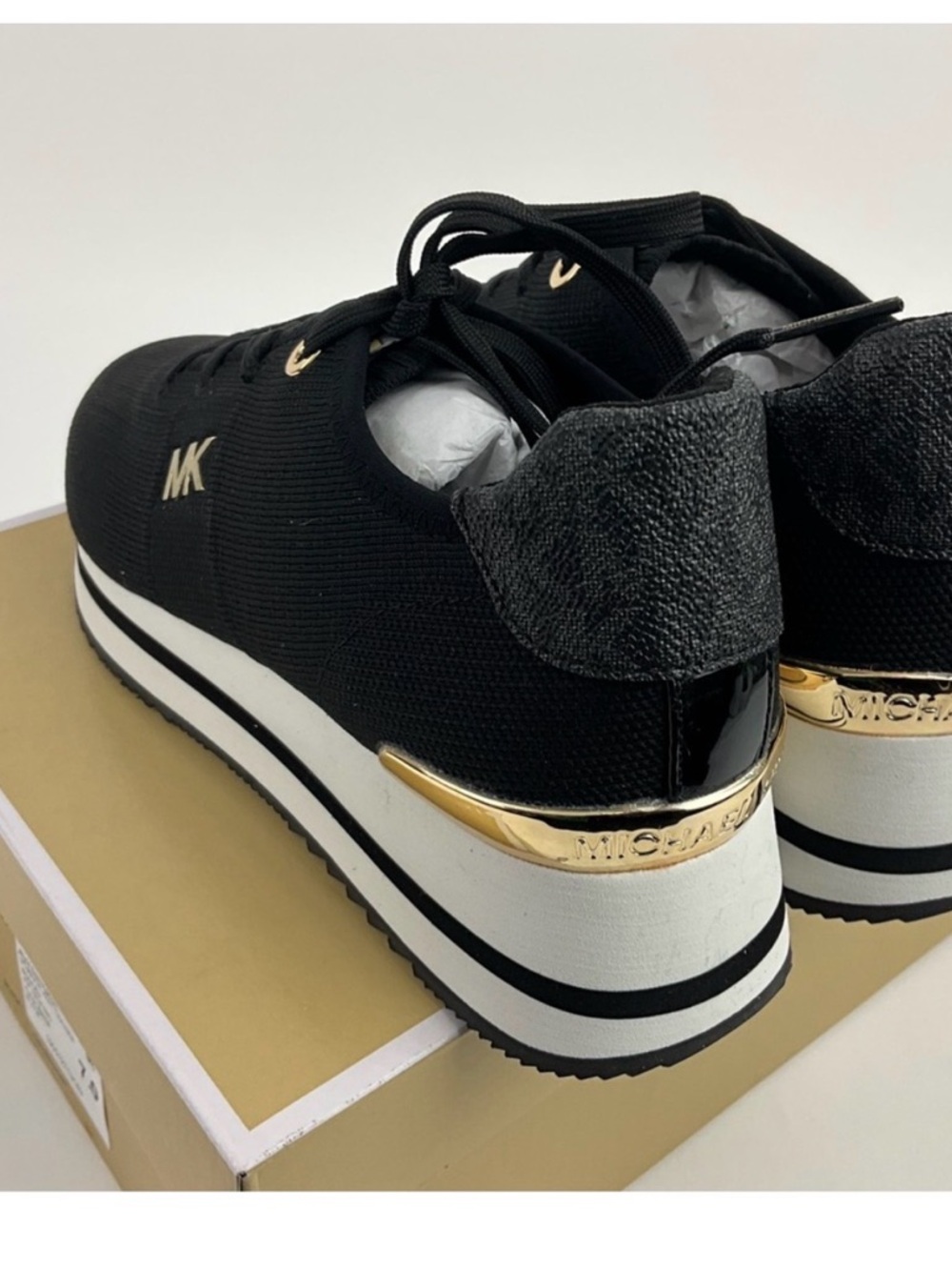 NWB Michael Kors Black Knit Platform Sneakers with White Stripe - Picture 3 of 8
